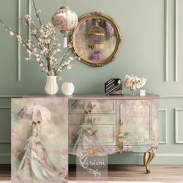 Papel De Seda Romance Lilás Menta, Mulher com Beija-flor & Guard (Mint Mauve Romance, Hummingbird, Portrait Parasol and Floral Decoupage Tissue Paper)