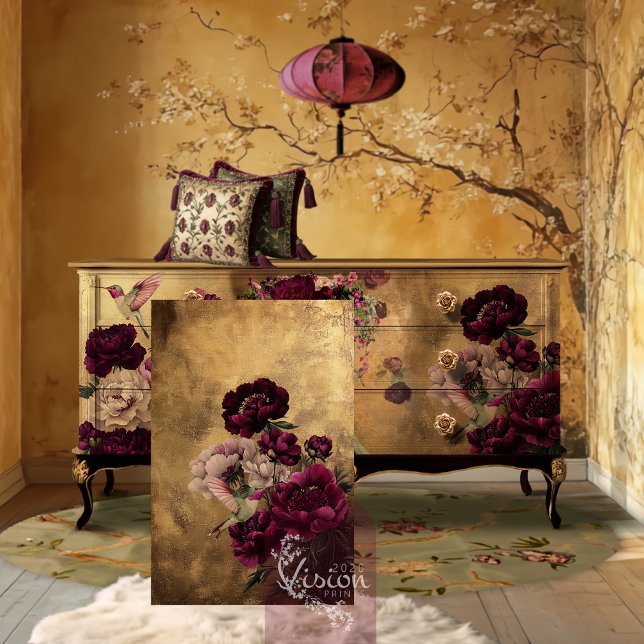 Papel De Seda Romanichel Hummingbird e Burgundy Floral em Dourad (Romantic Hummingbird & Peony Floral, Gold leaf effect, Patina Background Decoupage Tissue Paper)