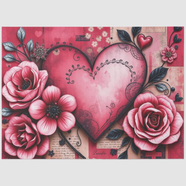Papel De Seda Romantic Gothic Hearts and flowers Tissue Paper (Frente )