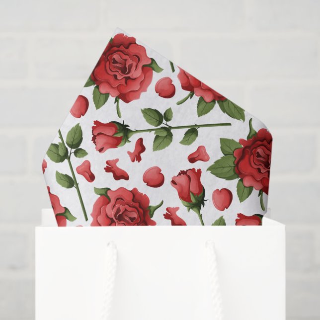 Papel De Seda Romantic Red Rose Buds & Petals with Foliage (Sacola de presentes)