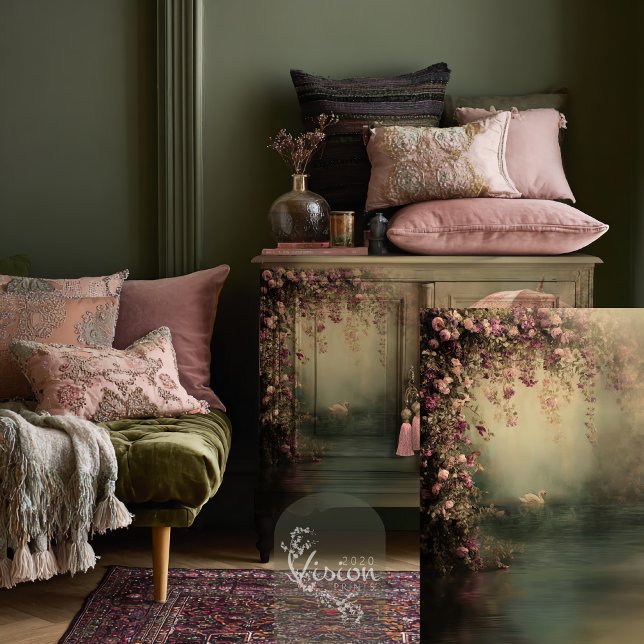 Papel De Seda Romantic Swan Lake Ethereal Hanging Floral (Romantic Swan Lake, Vintage Swan and Ethereal Floral, Muted green & Mauve Plum, Decoupage.)