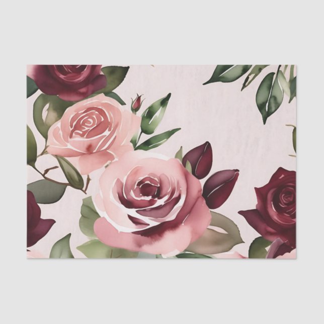 Papel De Seda Romântica Blooms Rosas de Aquarela Borgonha (Frente )