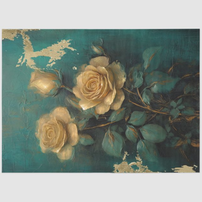 Papel De Seda Romântico Antiquado Esmeralda e Design Dourado Sér (Frente )