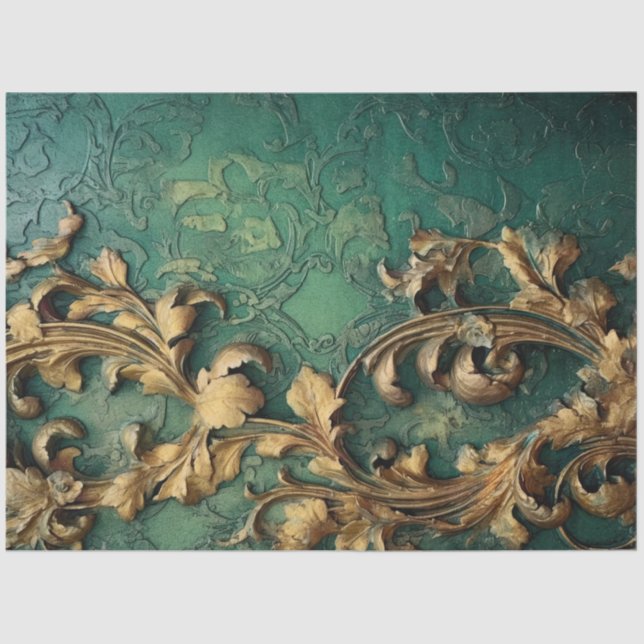 Papel De Seda Romântico Antiquado Esmeralda e Design Dourado Sér (Frente )