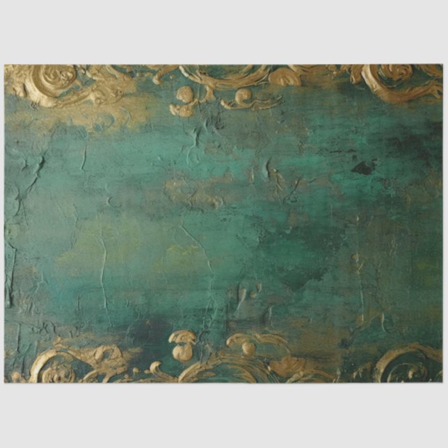 Papel De Seda Romântico Antiquado Esmeralda e Design Dourado Sér (Frente )