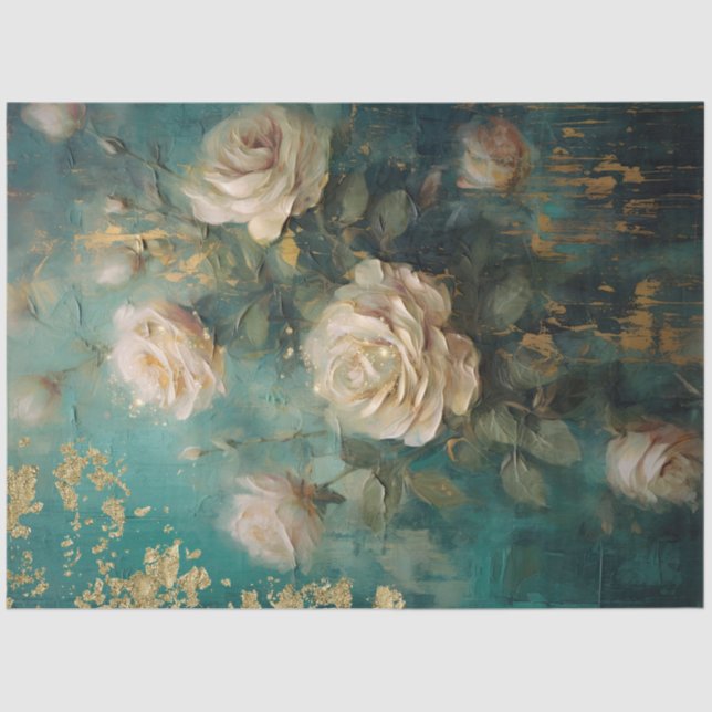 Papel De Seda Romântico Antiquado Esmeralda e Design Dourado Sér (Frente )