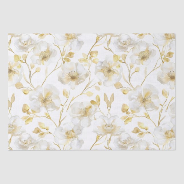 Papel De Seda Romântico Chic Dourado Branco Floral Chá de Noiva (Frente )