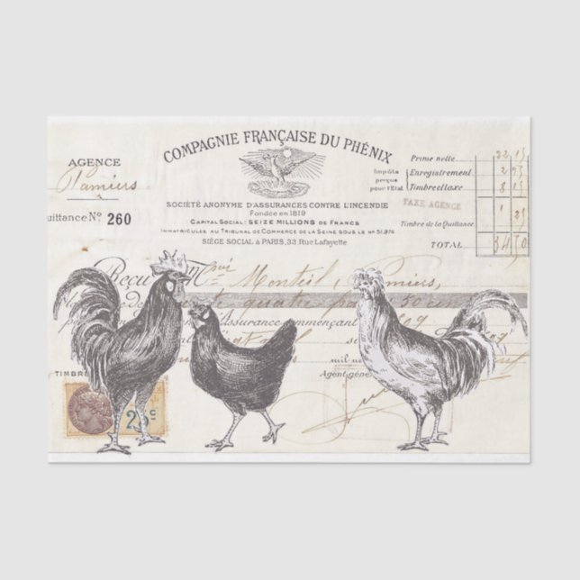 Papel De Seda Rooster Hen French Script Farmhouse Bird Decoupage (Frente )