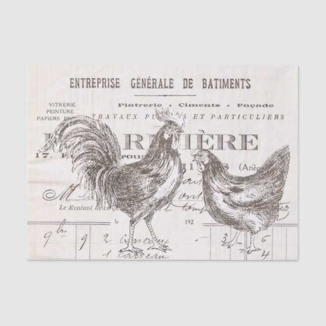 Papel De Seda Rooster Hen Script Francês Ephemera Bird Decoupage (Frente )