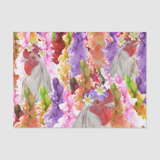 Papel De Seda Rooster Hollyhocks E Frangipanis, (Frente )