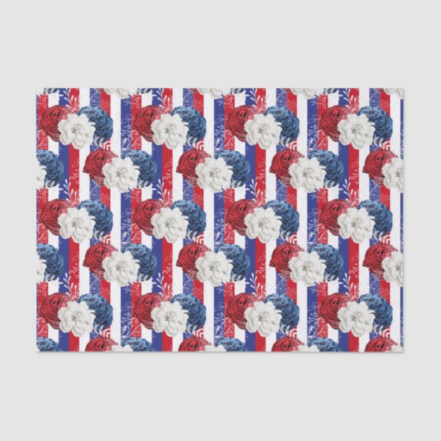 Papel De Seda Rosa Azul Branco Patriótico Stripe Floral (Frente )