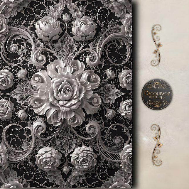 Papel De Seda Rosa Damasco Preto Branco Decoupage (Black White Rose Damask Decoupage Tissue Paper)