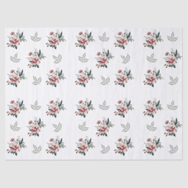 Papel De Seda Rosa de Aquarela Rosa com Folhagem Teal (Frente )