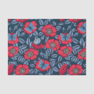 Papel De Seda Rosa de cão e borboletas em azul e vermelho