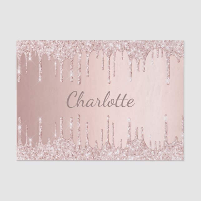 Papel De Seda Rosa dourado brilha monograma cinza rosa (Frente )