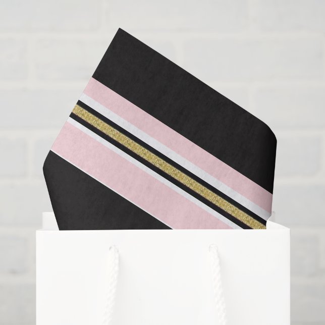 Papel de Seda Rosa e Branco com Listra Dourada Pre (Sacola de presentes)