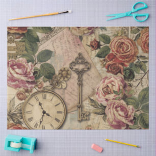 Papel De Seda Rosa francesa vintage floral com carta antiga e re