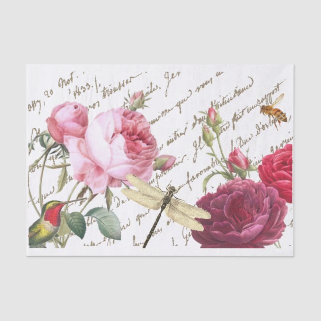 Papel De Seda Rosa Hummingbird Dragonfly Script Honeybee Francês (Frente )