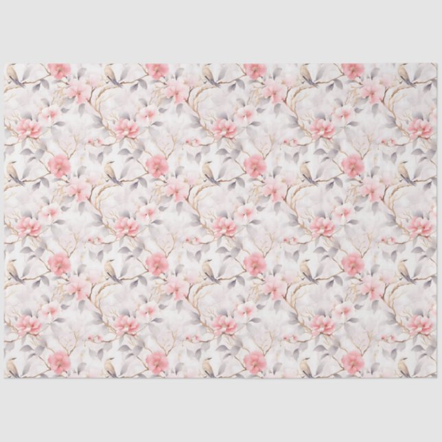 Papel De Seda Rosa Japonês Floral Pássaro Asiático (Frente )