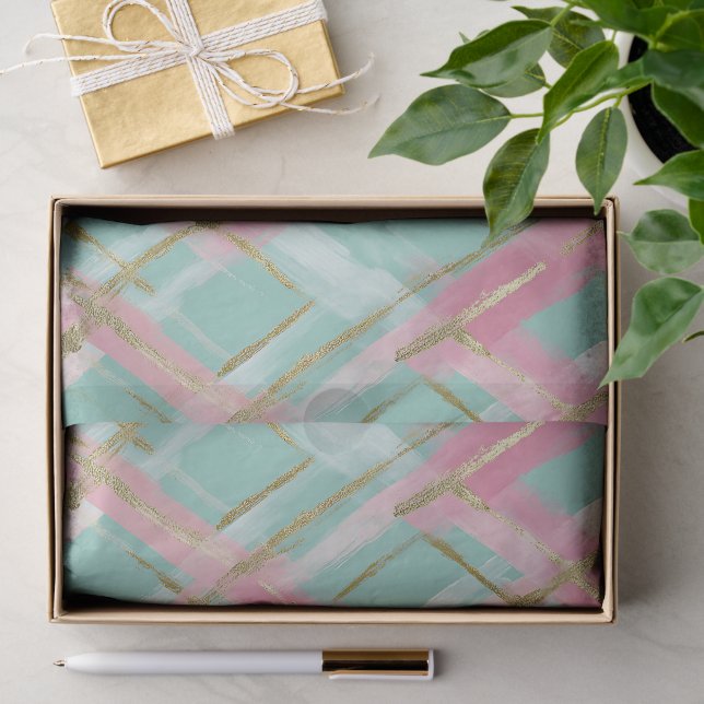 Papel De Seda Rosa Préppy com Glitter Dourado e Padrão Argyle em (Presente)