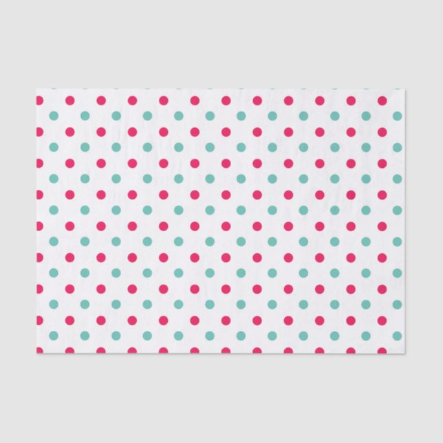 Papel De Seda Rosa Profundo, Aqua, Polka Branca Dotada (Frente )