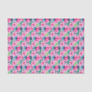 Papel De Seda Rosa Verde Azul Flores Floral Brilhante Tropical