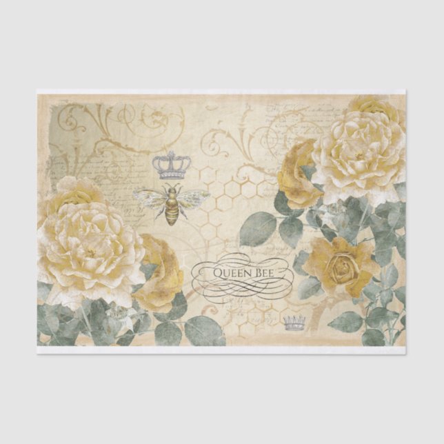 Papel De Seda Rosas Amarelas com Abelha-Floral Damask (Frente )