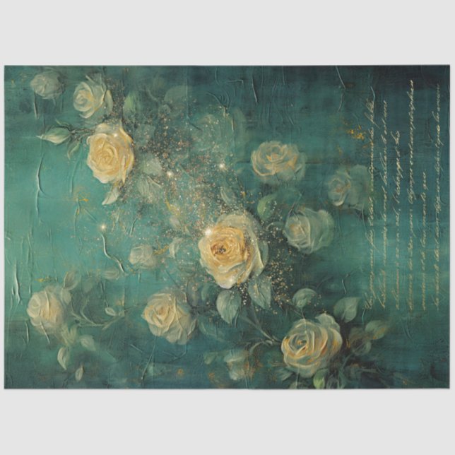 Papel De Seda Rosas amarelas da safra douradas faíscas esmeralda (Frente )