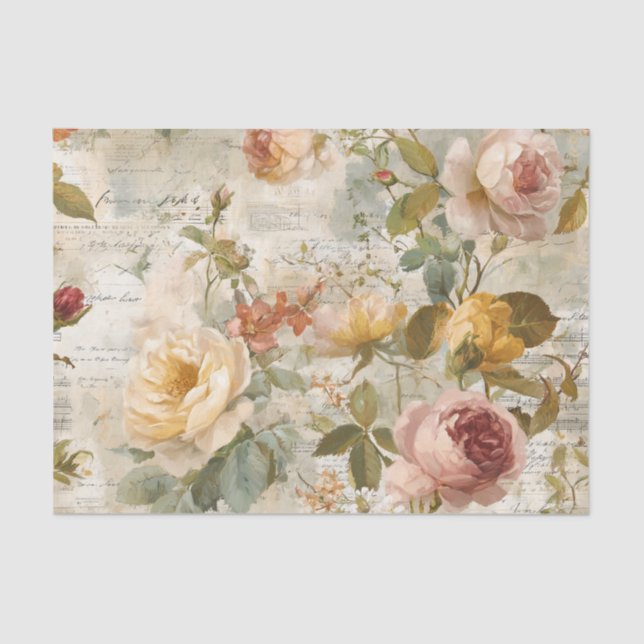 Papel De Seda Rosas Amarelas e Rosadas Antigas (Frente )