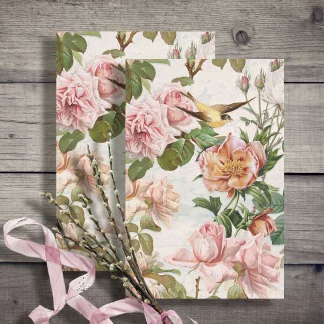 Papel De Seda Rosas Amarelas Verticais Rosa Verticais Aves Botân (Criador carregado)