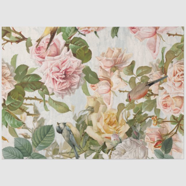 Papel De Seda Rosas Amarelas Verticais Rosa Verticais Aves Botân (Frente )