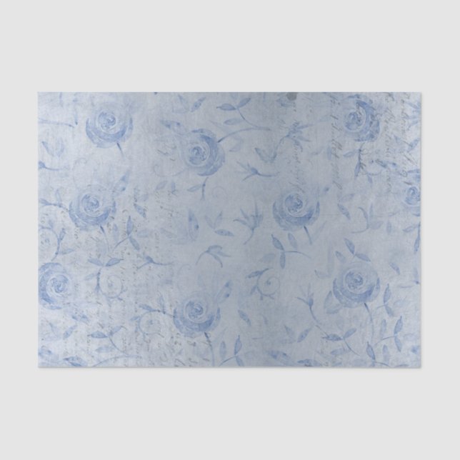 Papel De Seda Rosas Azuis Elegantes Floral Brilho de Prata (Frente )