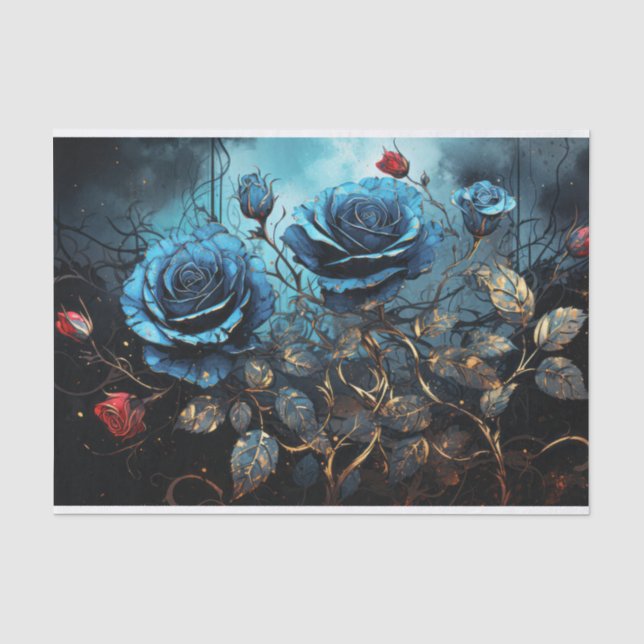 Papel De Seda Rosas Azuis Em Escuro (Frente )