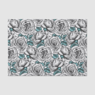 Papel De Seda Rosas brancas com folhas azuis