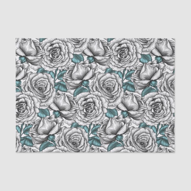 Papel De Seda Rosas brancas com folhas azuis (Frente )