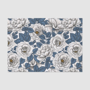 Papel De Seda Rosas brancas com folhas azuis em branco