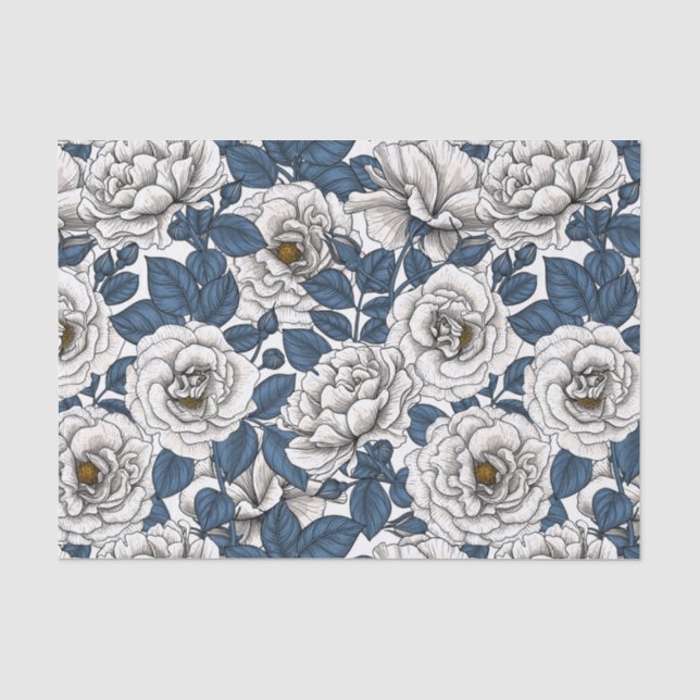 Papel De Seda Rosas brancas com folhas azuis em branco (Frente )