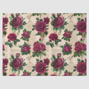 Papel De Seda Rosas Burgandy na Vintage Newsprint Decoupage