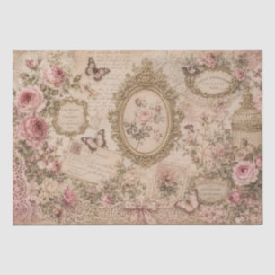 Papel De Seda Rosas Cor-de-Rosa Vitorianas e Borboletas em Renda