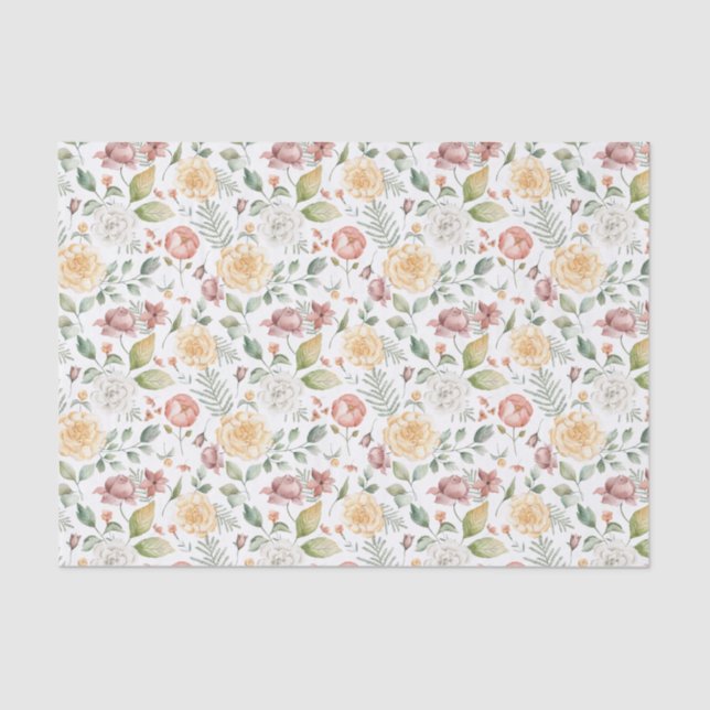 Papel De Seda Rosas de Aquarela Botânica e Padrão Verde (Frente )