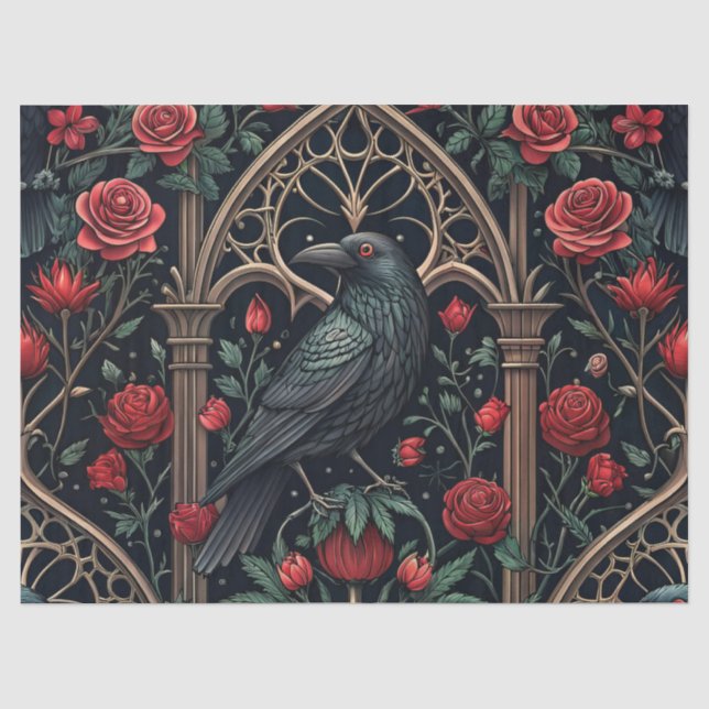 Papel De Seda Rosas de Corvo Gótico Padrão Ornamentado (Frente )