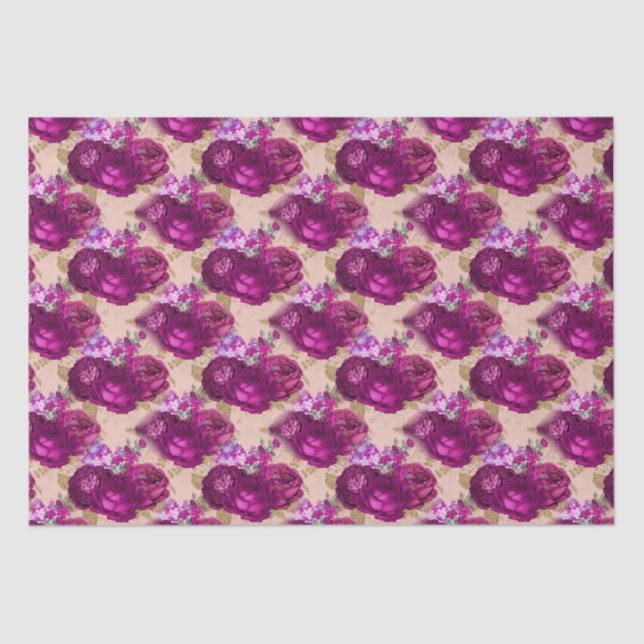 Papel De Seda Rosas de magenta romântica e folhas Douradas em pê (Frente )