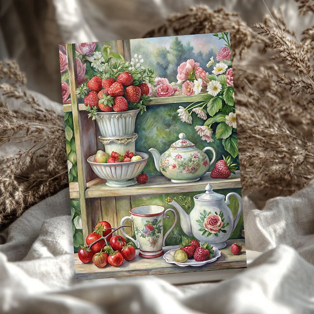 Papel De Seda Rosas de morangos chiques (Vintage shabby chic tea table strawberries roses tissue paper)