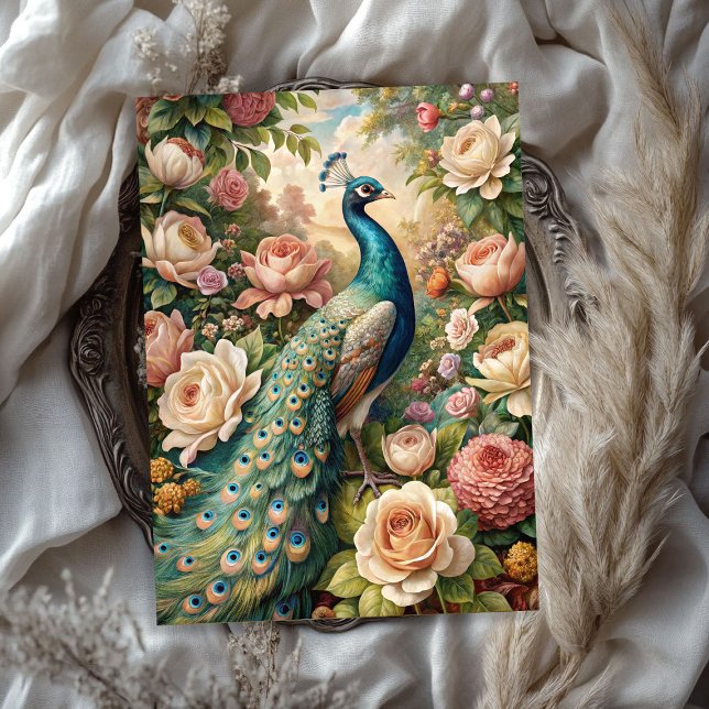 Papel De Seda Rosas de pavão de chique com vinheta de aquarela (Watercolor vintage shabby chic peacock blush roses tissue pape)