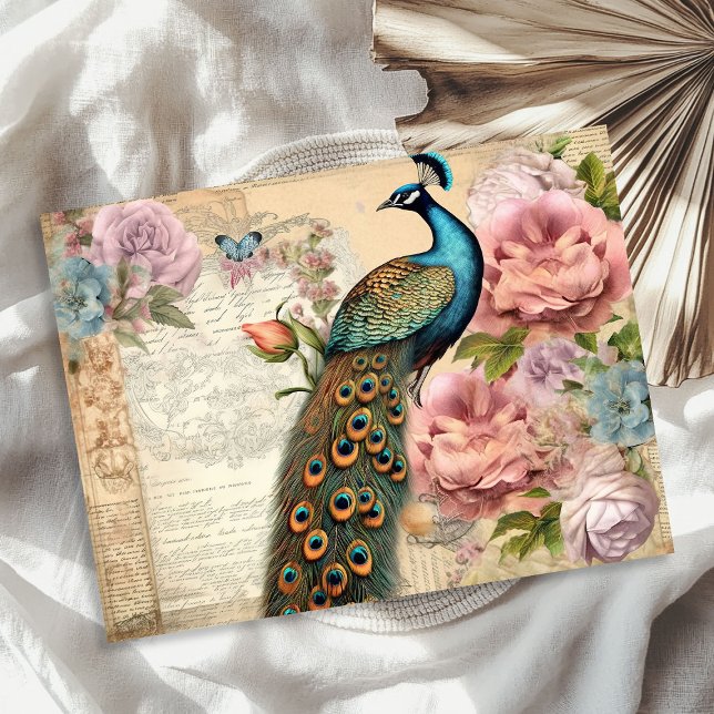 Papel De Seda Rosas de pavão e pavão elegantes (Elegant vintage peacock and blush roses tissue paper)