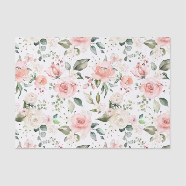 Papel De Seda rosas de pêssego, folhas verdes (Frente )