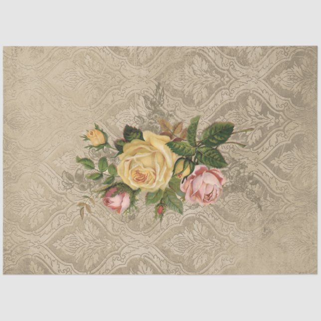 Papel De Seda Rosas de safra no Grungy Sepia Damask (Frente )