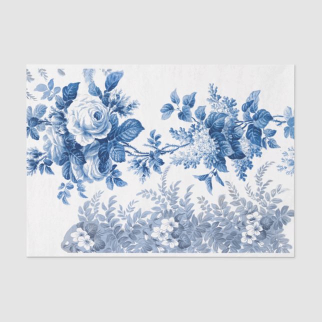 Papel De Seda Rosas e ferns elegantes de vinheta azul e branca (Frente )