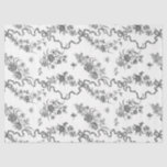 Papel De Seda Rosas e fitas gravadas em Vintage Elegante<br><div class="desc">Rosas,  flores,  vinhas,  folhas e borboletas,  gravadas a preto,  elegantes e românticas,  com fitas e arcos entrelaçados sobre fundo branco.</div>