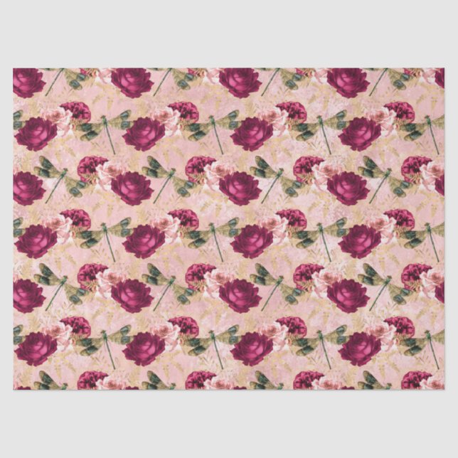 Papel De Seda Rosas e Libélulas (Design 4) (Frente )